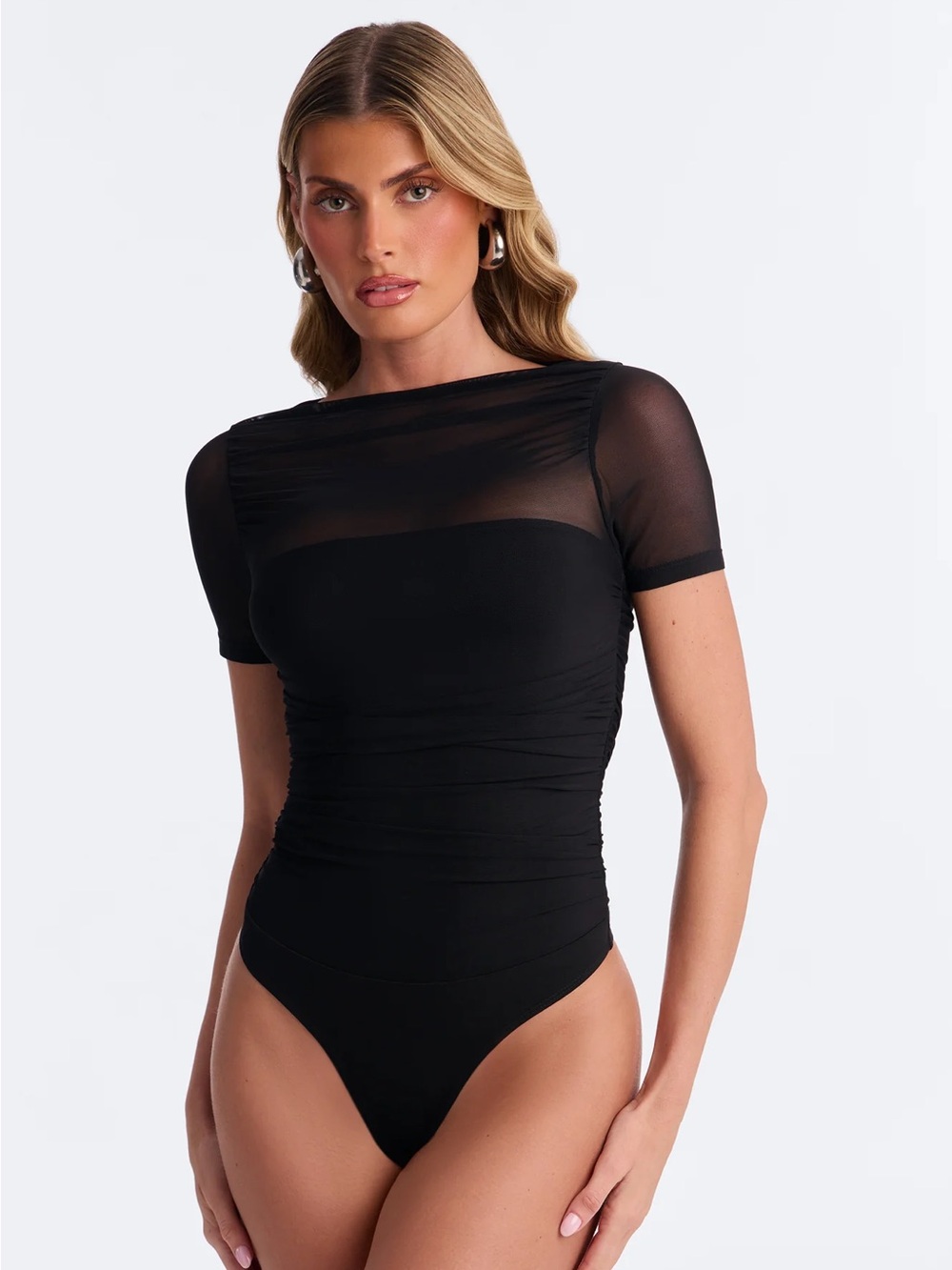 Black Sheer-Panel Short Sleeve Bodysuit